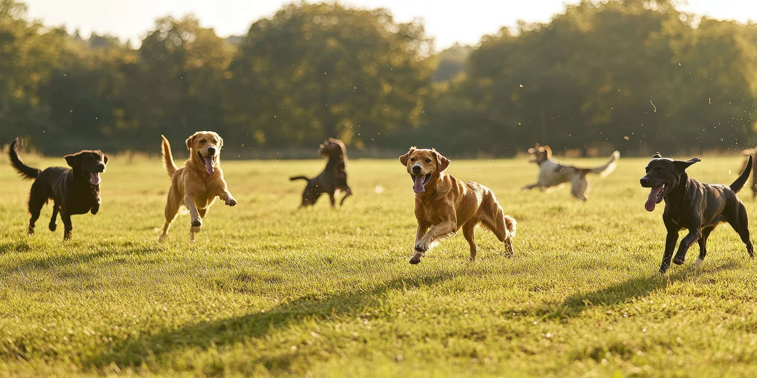 Happy dogs playing in a field